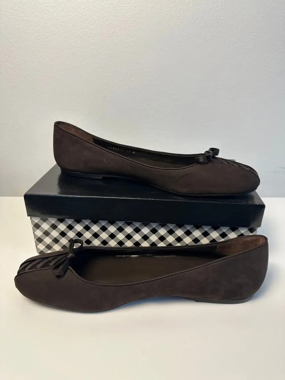 NIB Delman Ballet Flats Dark Brown Suede With Satin Wrap | Women's Size 11 M